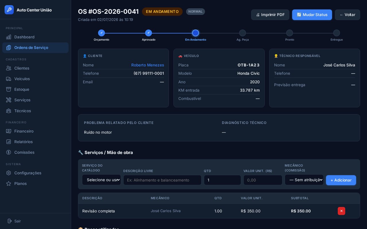 Detalhe de uma ordem de serviço com cliente, veículo, técnico e serviços