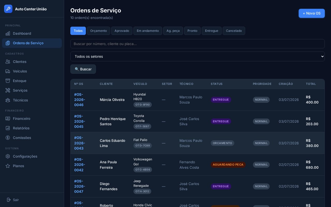 Lista de ordens de serviço do MecânicaOS com status coloridos
